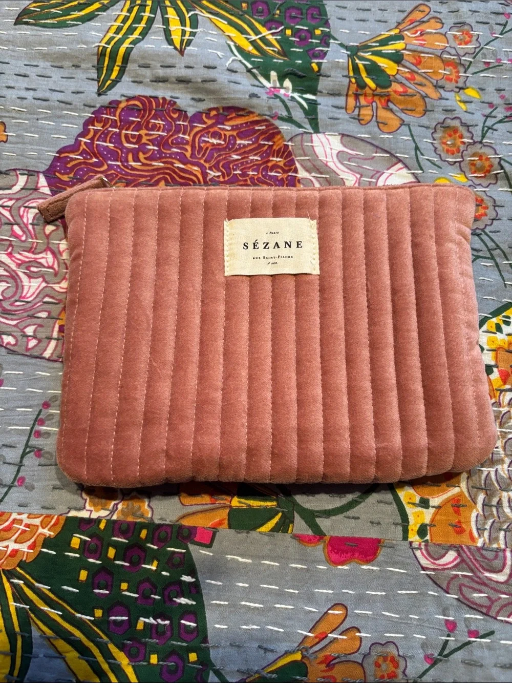 Sezane Quilted Velvet Cosmetic Pouch in Dusty Rose